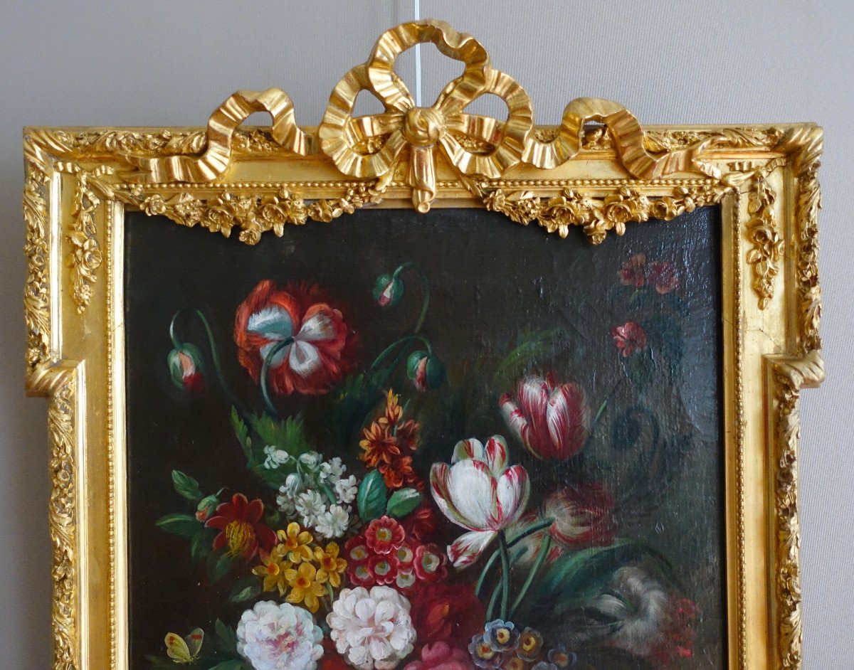 Ecole Française Du XIXe Siècle, Grande Nature Morte Aux Fleurs, Cadre Louis XVI 61cm X 82cm-photo-3