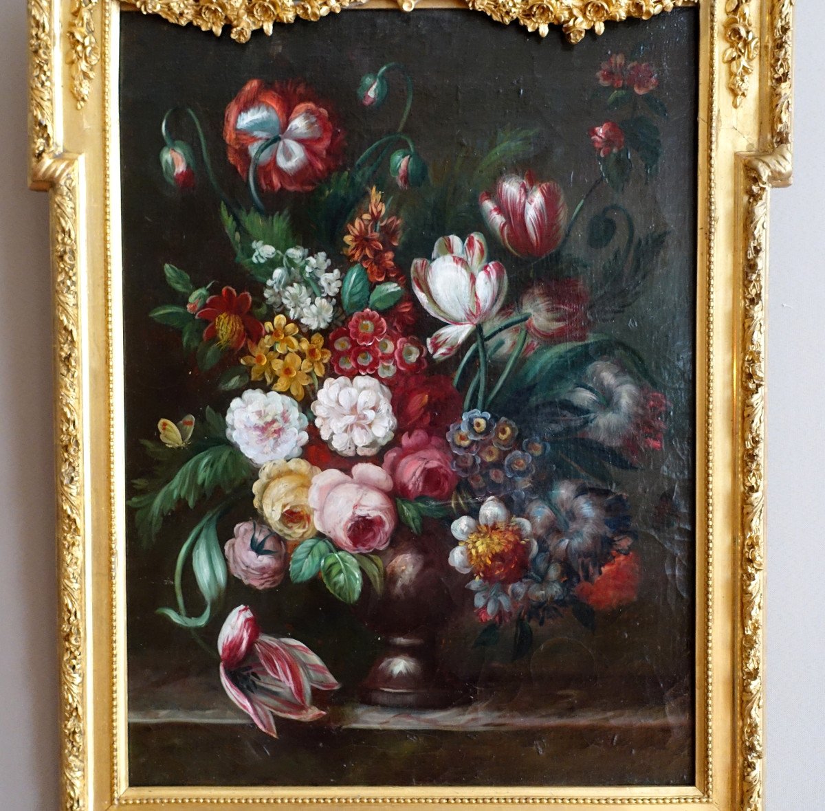 Ecole Française Du XIXe Siècle, Grande Nature Morte Aux Fleurs, Cadre Louis XVI 61cm X 82cm-photo-2