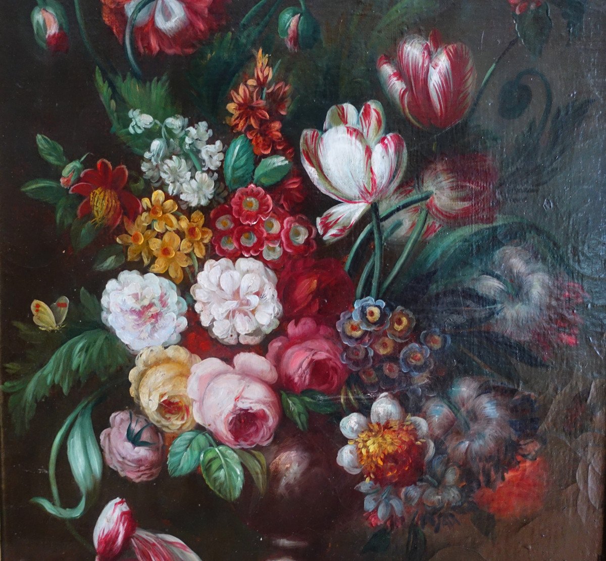 Ecole Française Du XIXe Siècle, Grande Nature Morte Aux Fleurs, Cadre Louis XVI 61cm X 82cm-photo-3