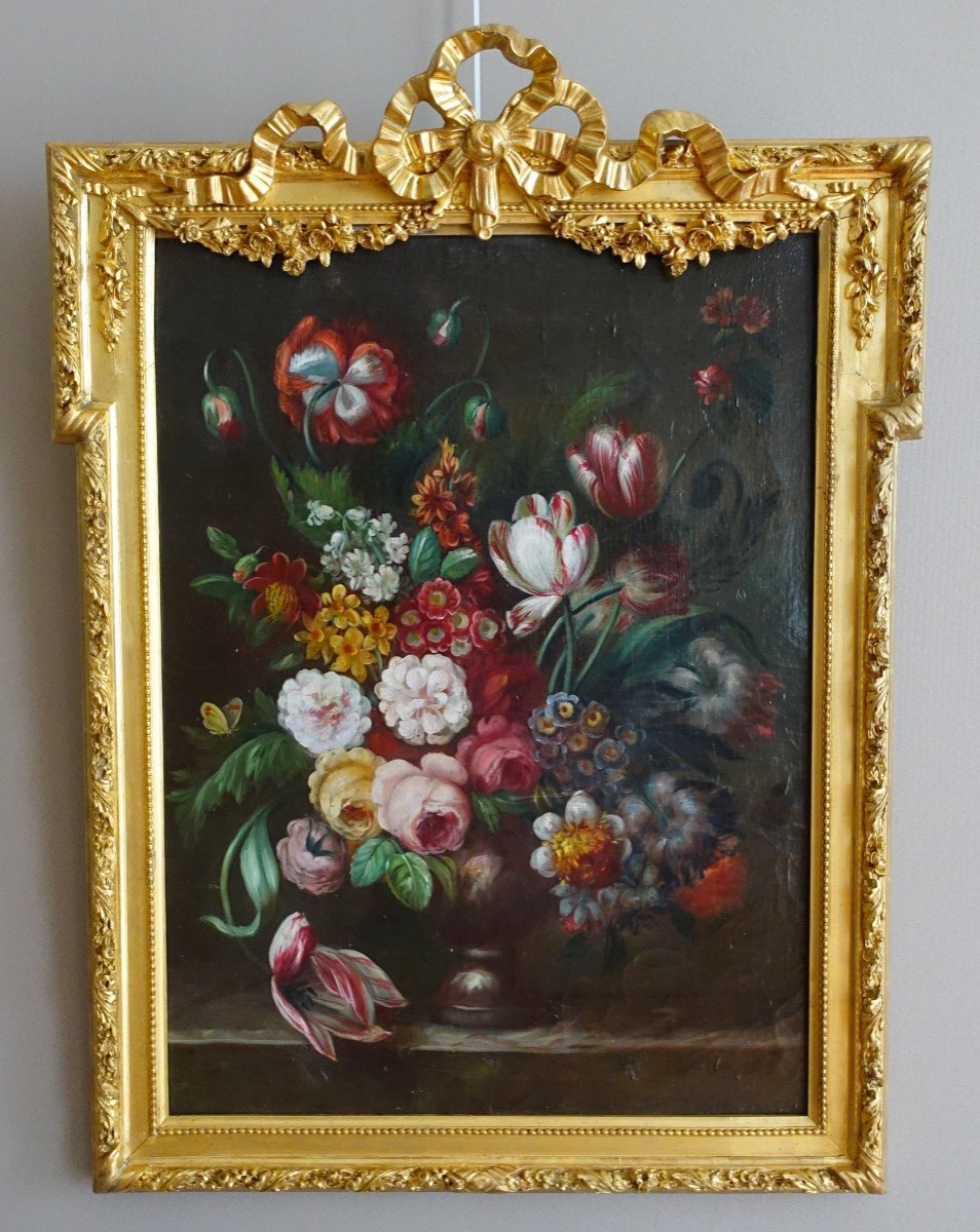 Ecole Française Du XIXe Siècle, Grande Nature Morte Aux Fleurs, Cadre Louis XVI 61cm X 82cm