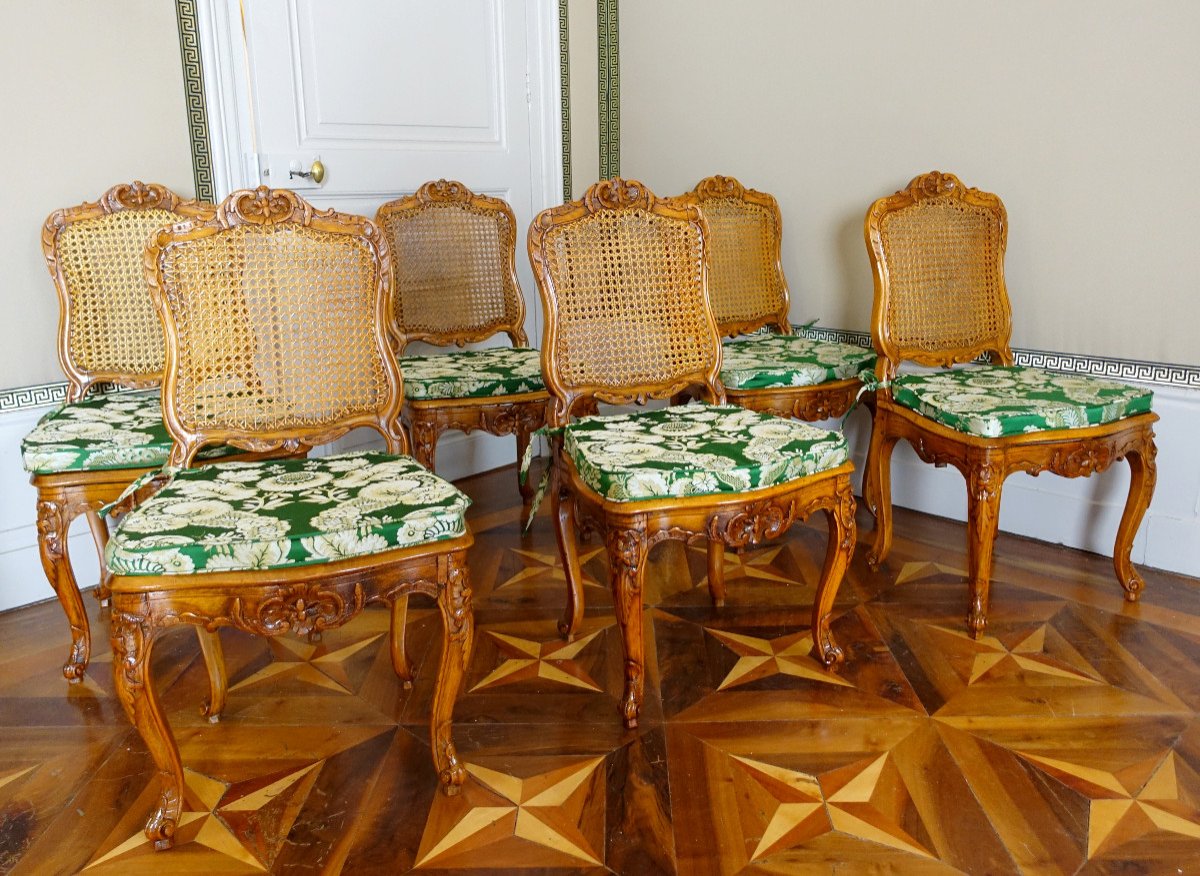 Suite De 6 Chaises Chaises Cannées de salle à manger d'époque Régence Louis XV 