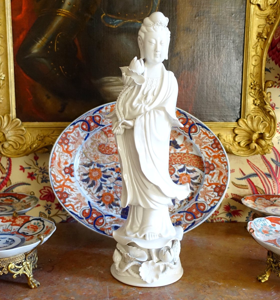 Statue Guanyin 50cm En Porcelaine Blanc De Chine  - Décor De Chinoiseries / Cabinet Chinois