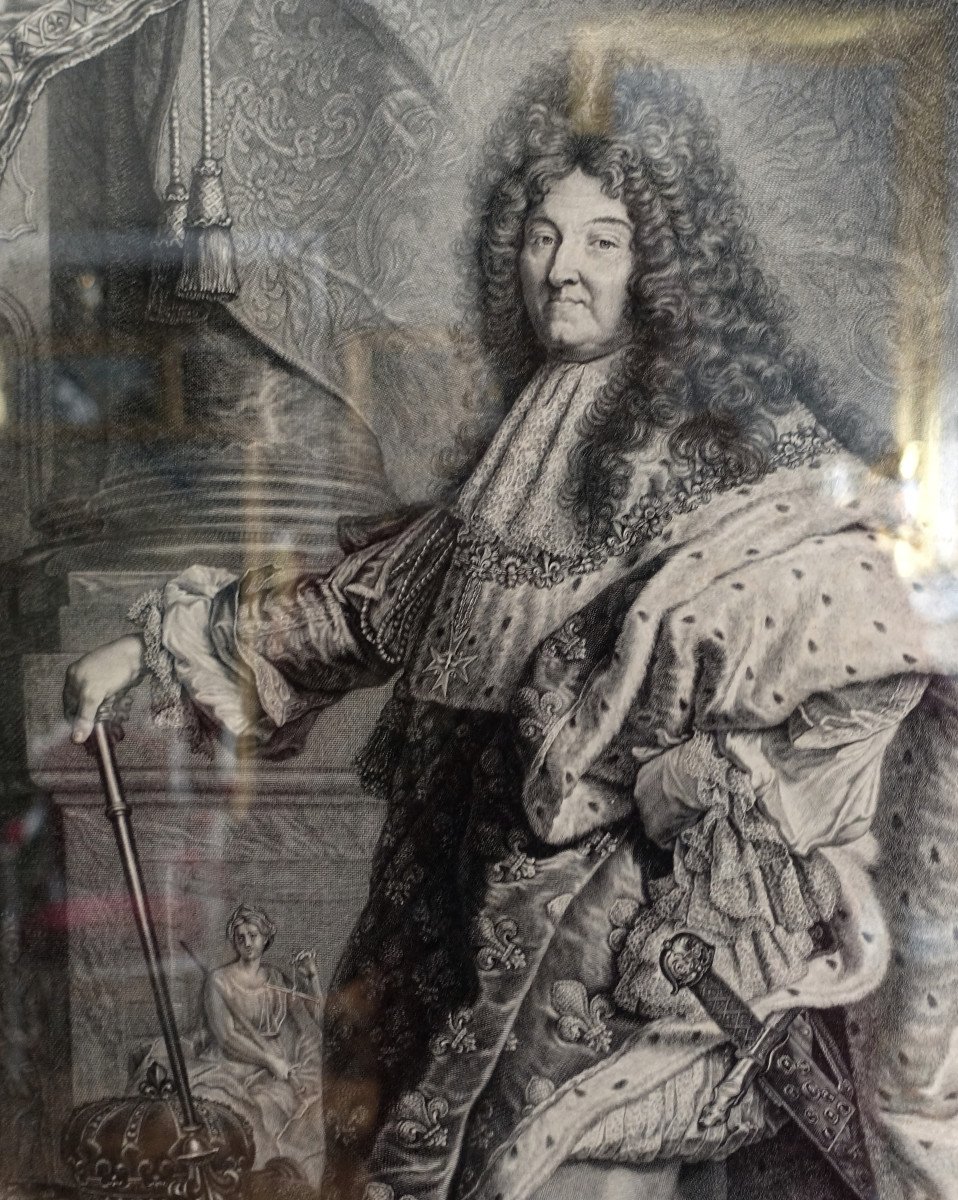 Large Royalist Engraving King Louis XIV In Majesty, Gilded Wooden Frame 82x99.5cm-photo-4