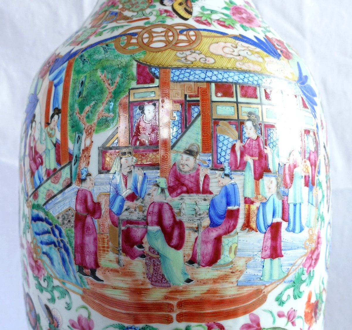 Large 65cm Potiche Vase In Polychrome And Gilded Canton Porcelain - China 19th Century-photo-4