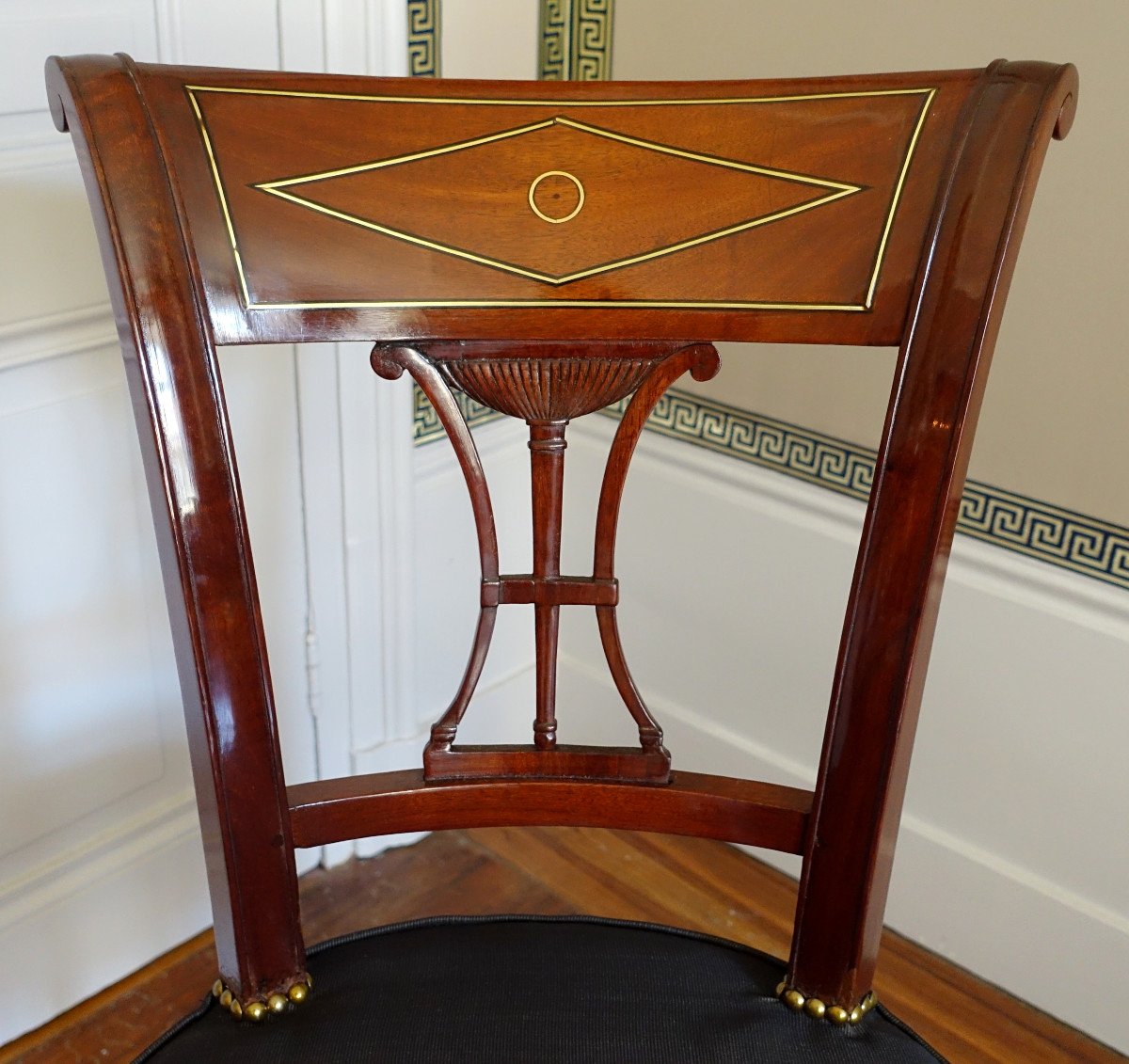 Paire De Chaises Directoire à La Russe En Acajou laiton ébène à Couverture En Crin De Cheval -photo-4