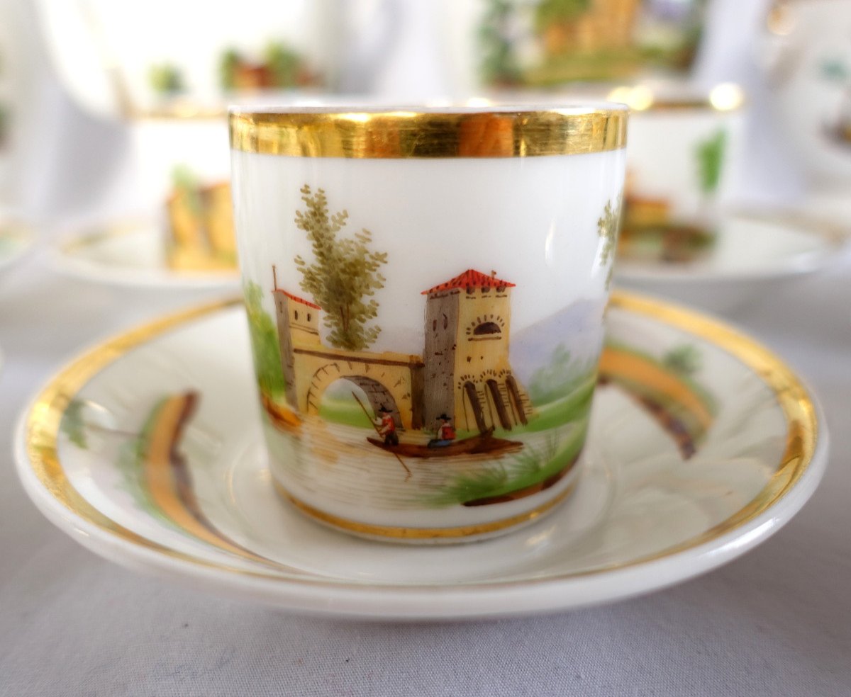 Service à Café Moka Empire En Porcelaine De Paris Dorée à l'Or Fin & Paysages Italiens, Ca 1820-photo-1