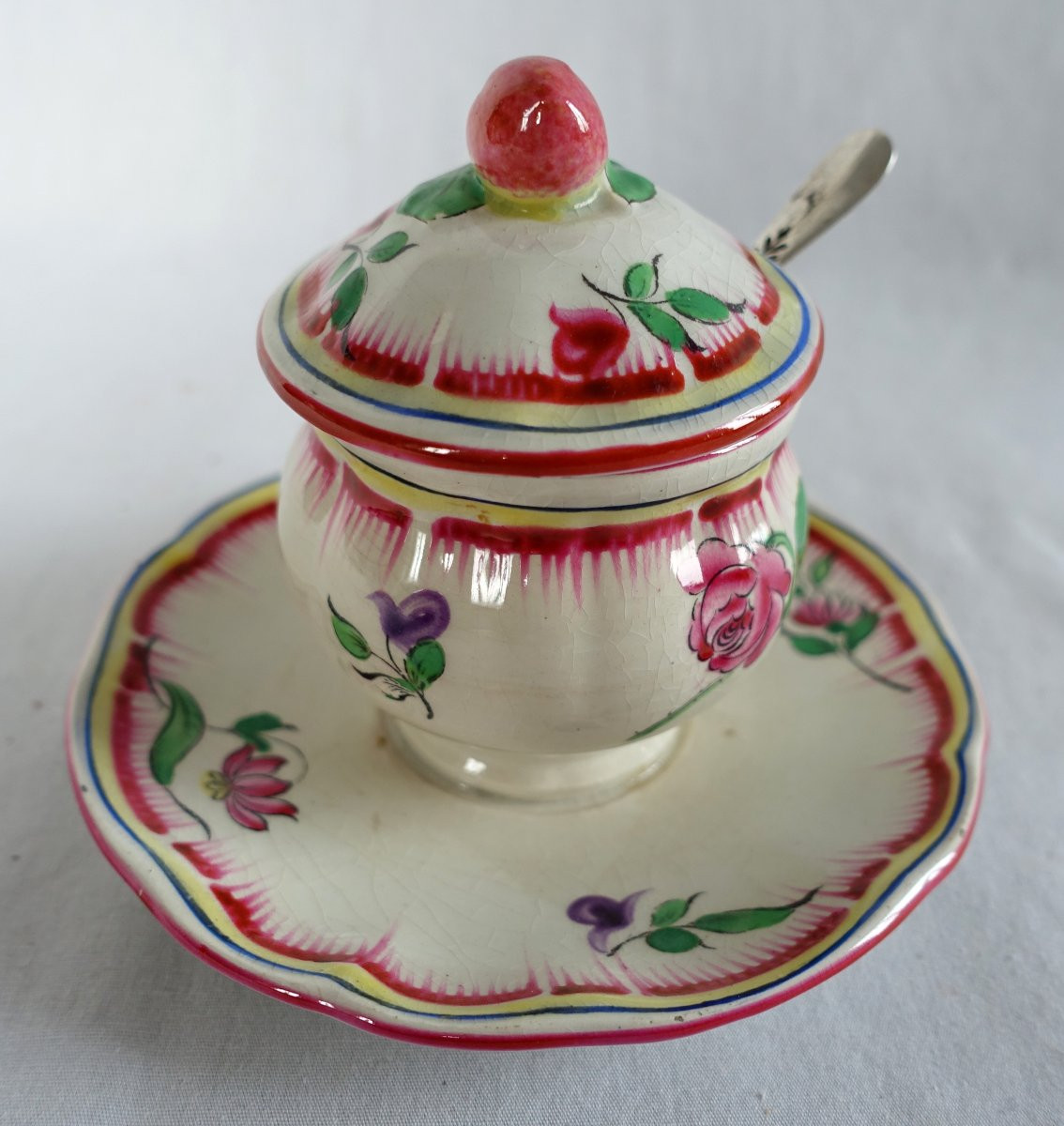 Lunéville - Rare Polychrome Earthenware Mustard Pot With Street Lamp Decor - Signed-photo-3