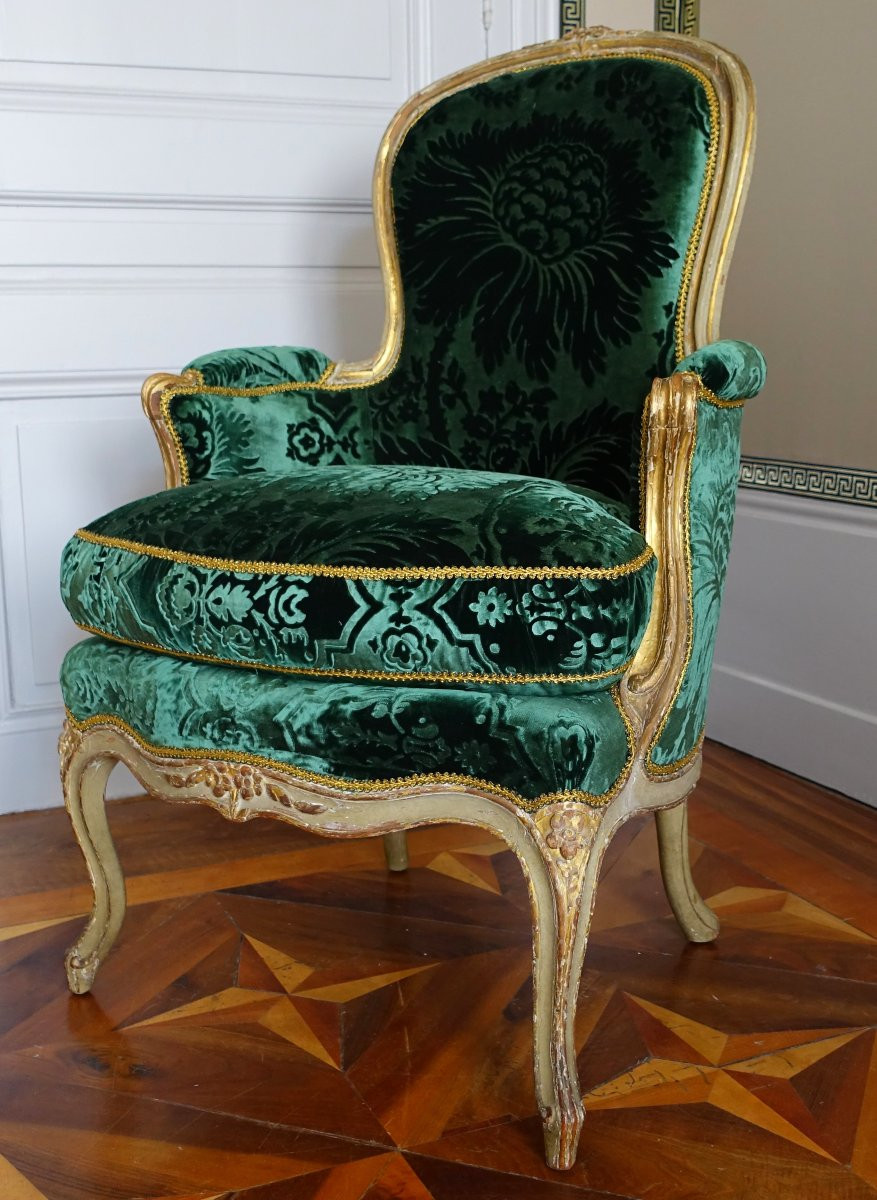 Louis Delanois - Paire De Bergères Louis XV En Cabriolet - Velours De Soie - Estampille-photo-2