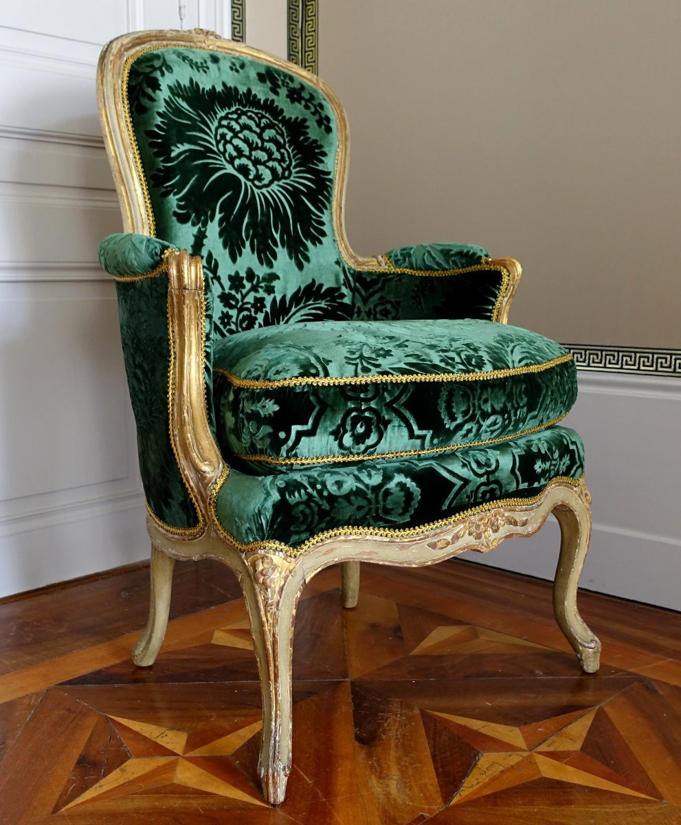 Louis Delanois - Paire De Bergères Louis XV En Cabriolet - Velours De Soie - Estampille-photo-3