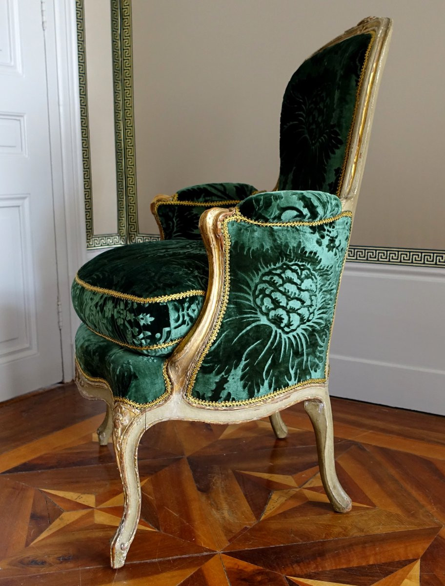 Louis Delanois - Paire De Bergères Louis XV En Cabriolet - Velours De Soie - Estampille-photo-1