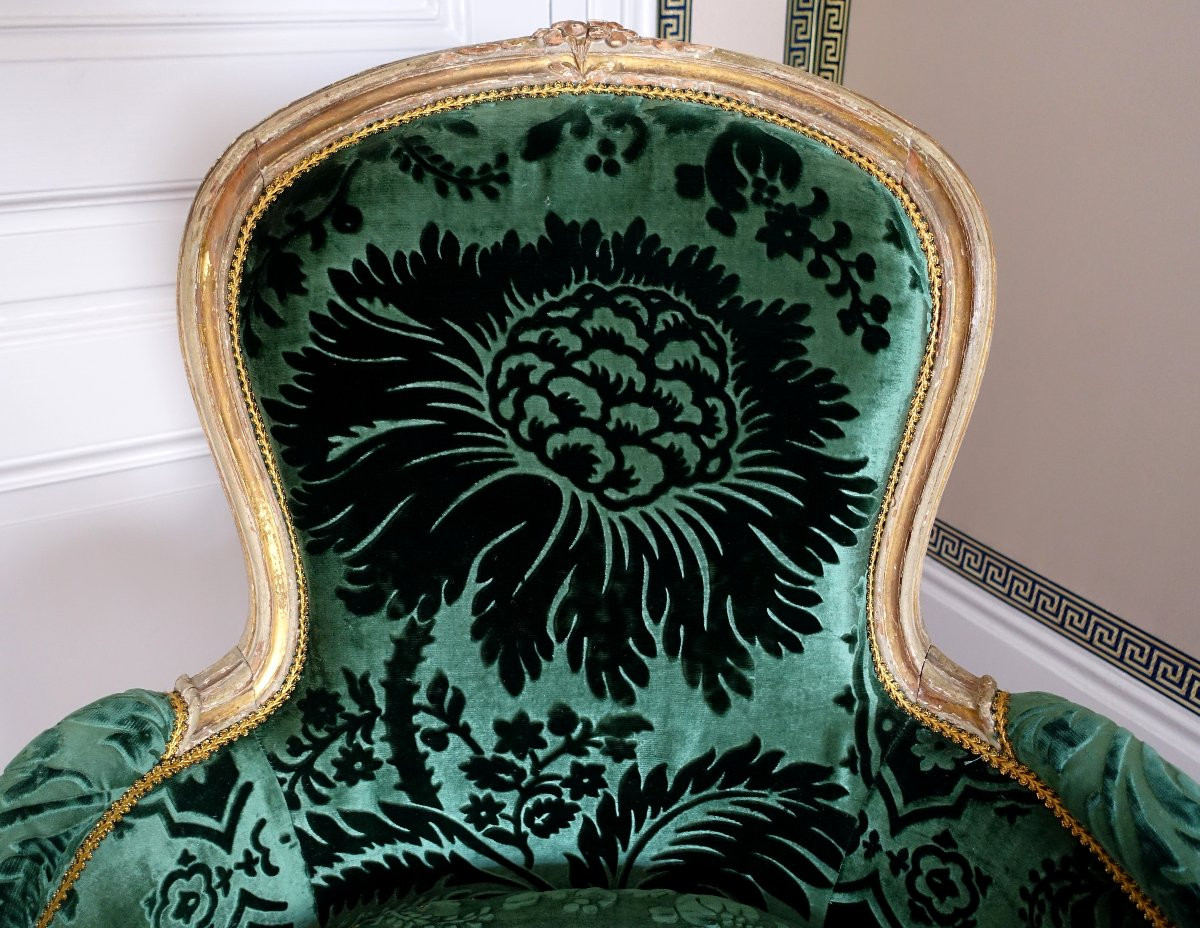 Louis Delanois - Paire De Bergères Louis XV En Cabriolet - Velours De Soie - Estampille-photo-2