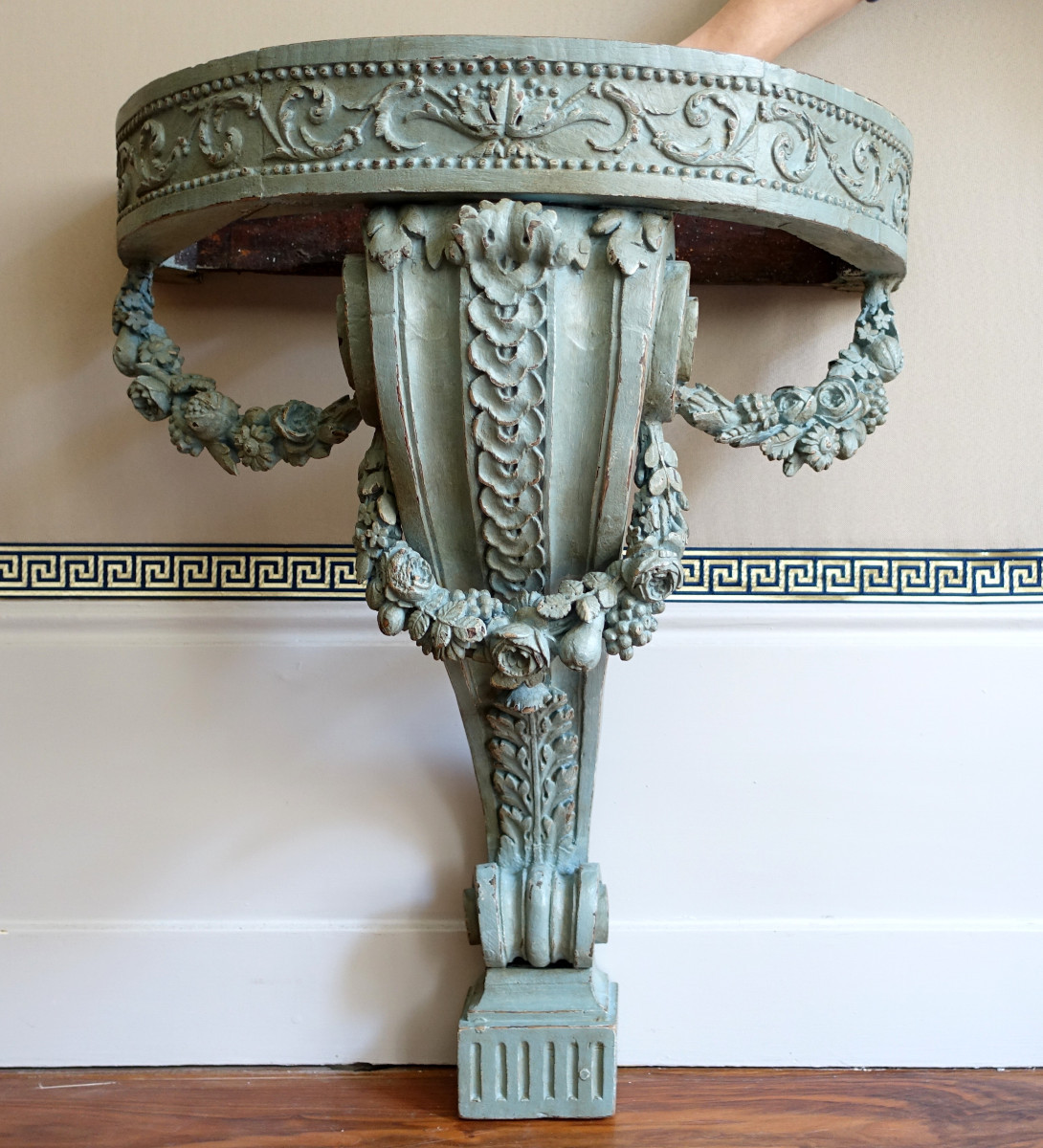Console d'Applique Demi-lune d'époque Louis XVI Dans Le Goût De Jacob, Bois Patiné Et Marbre-photo-2