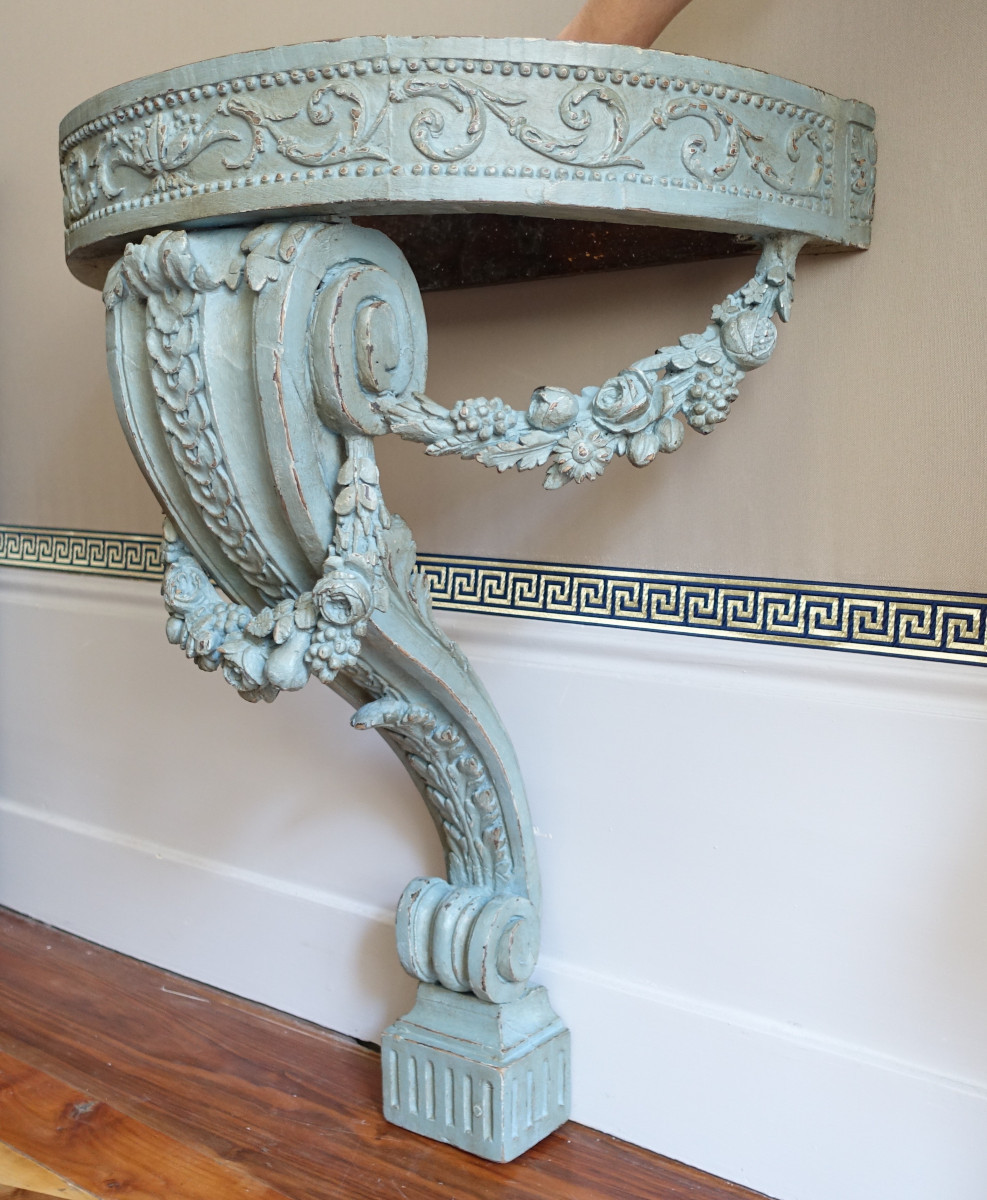 Console d'Applique Demi-lune d'époque Louis XVI Dans Le Goût De Jacob, Bois Patiné Et Marbre-photo-3