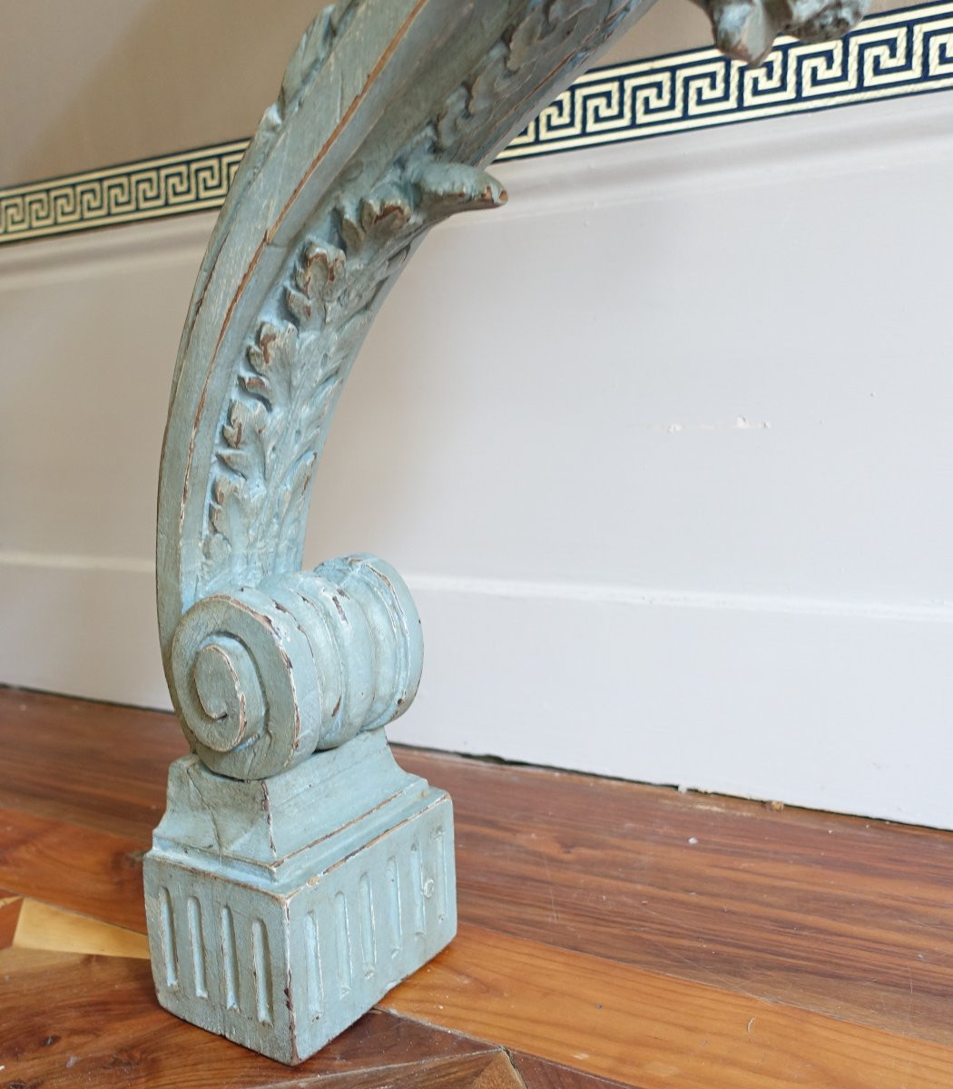 Console d'Applique Demi-lune d'époque Louis XVI Dans Le Goût De Jacob, Bois Patiné Et Marbre-photo-1