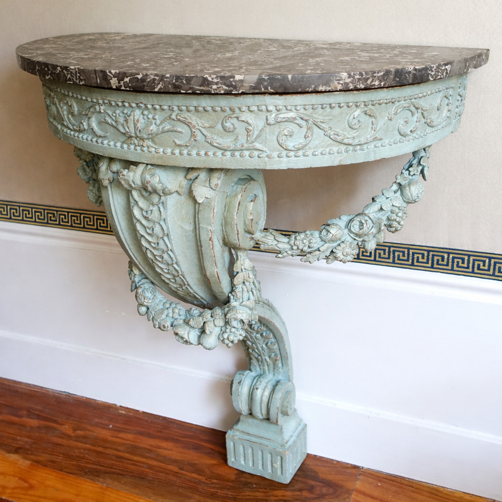 Louis XVI Period Half-moon Wall Console In The Style Of Jacob, Patinated Wood And Marble