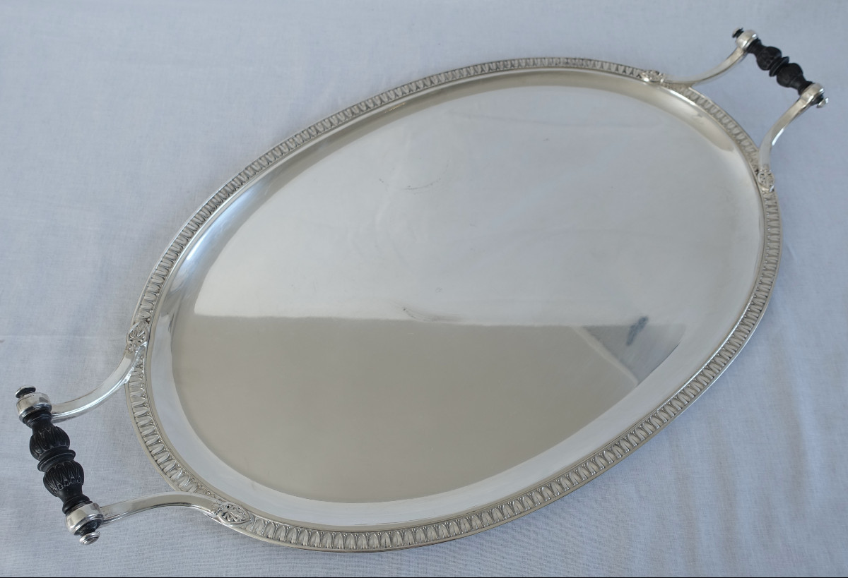 Large Empire Style Serving Tray In Silver Metal And Ebony 