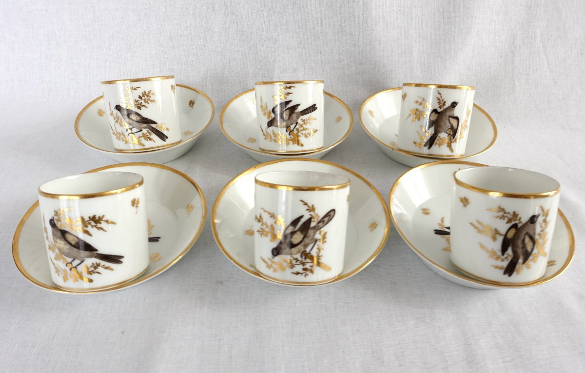Brussels Porcelain Coffee Set : 6 Coffee Cups Gilt With Fine Gold And Polychromatic Birds Circa-photo-2