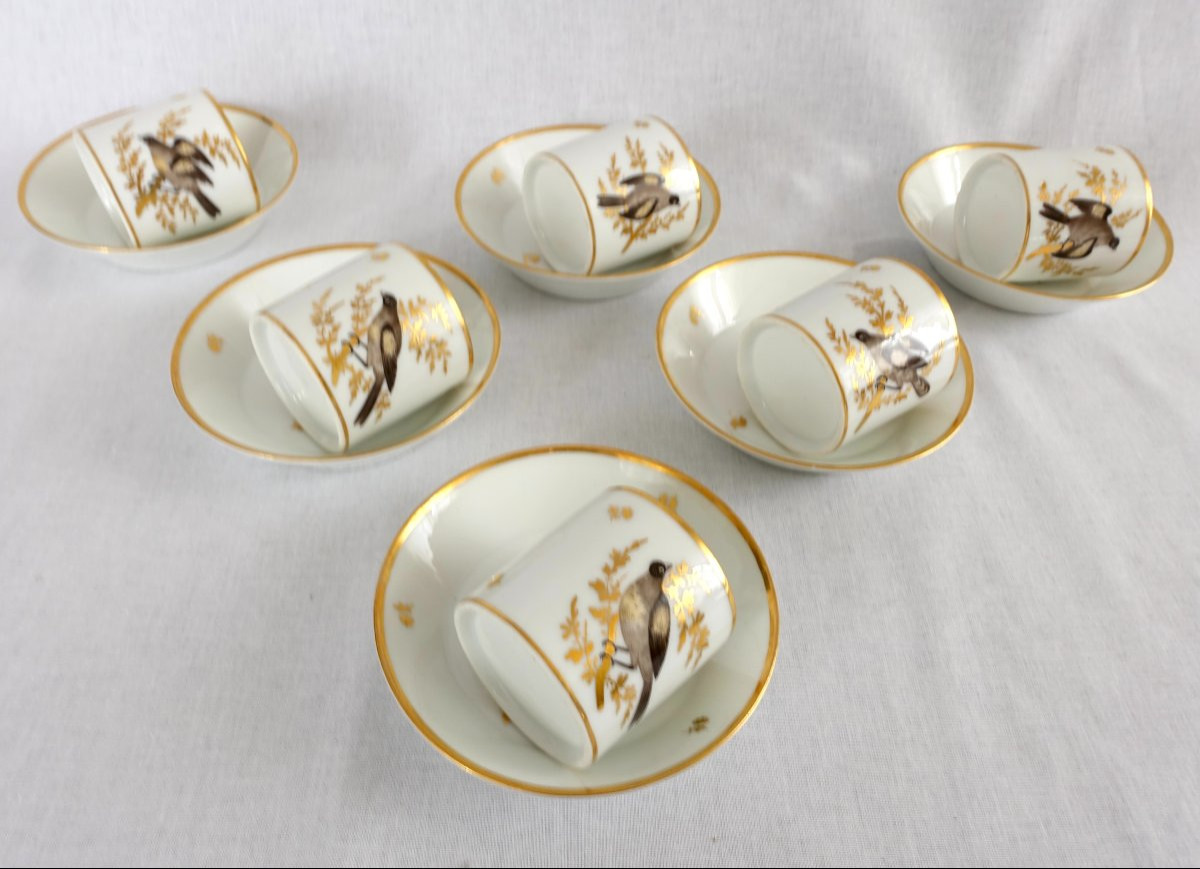 Brussels Porcelain Coffee Set : 6 Coffee Cups Gilt With Fine Gold And Polychromatic Birds Circa-photo-3