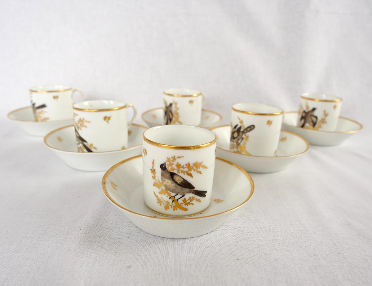 Brussels Porcelain Coffee Set : 6 Coffee Cups Gilt With Fine Gold And Polychromatic Birds Circa