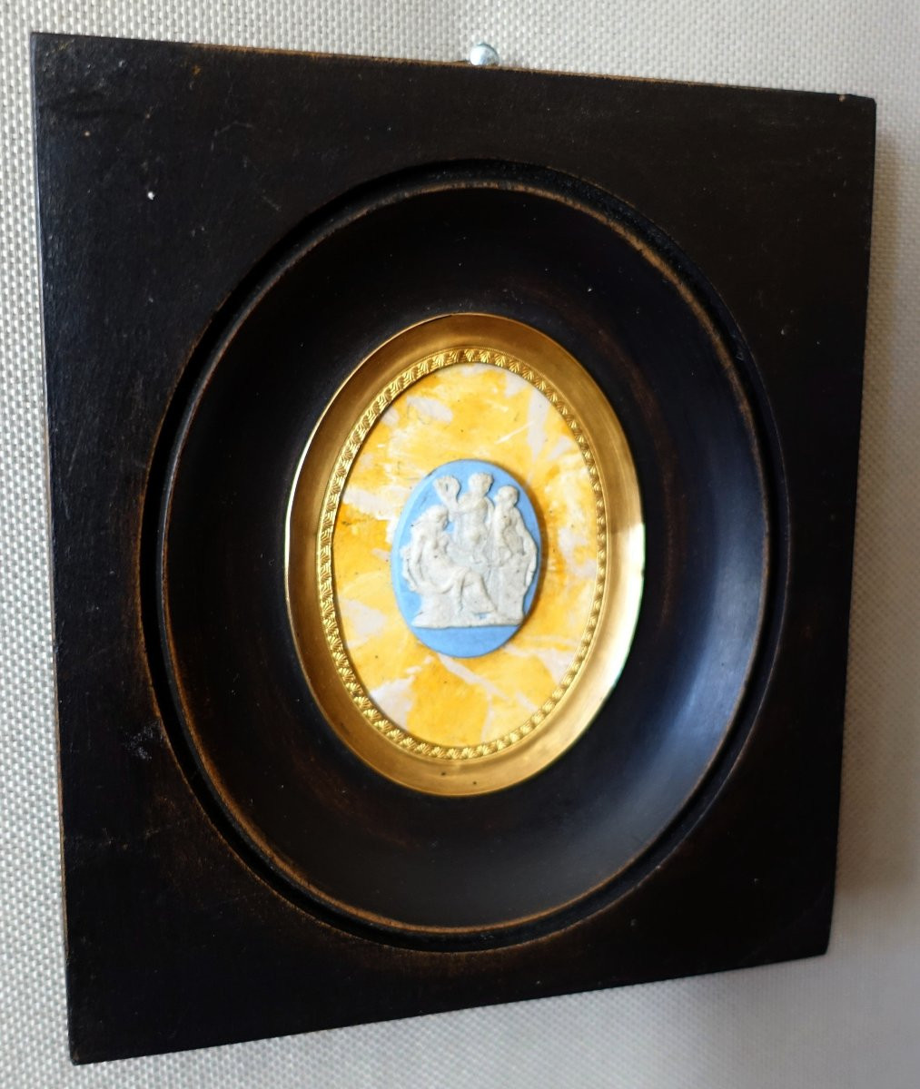 Miniature Wedgwood Blue Mythological Scene On Faux Sienna Yellow Marble Background-photo-1