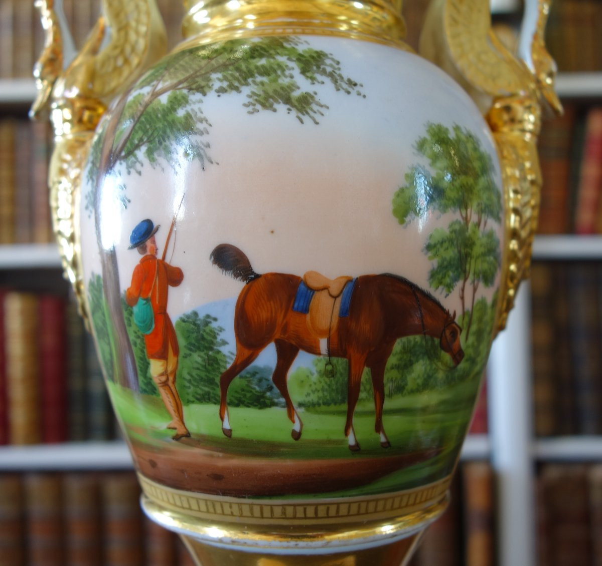 Pair Of Empire Ornamental Vases With Horse Riding Decor - Paris Porcelain - Restoration Period-photo-1
