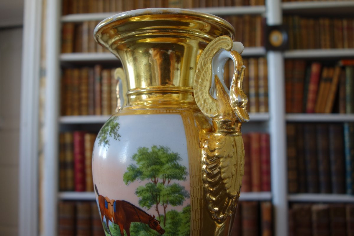 Pair Of Empire Ornamental Vases With Horse Riding Decor - Paris Porcelain - Restoration Period-photo-6