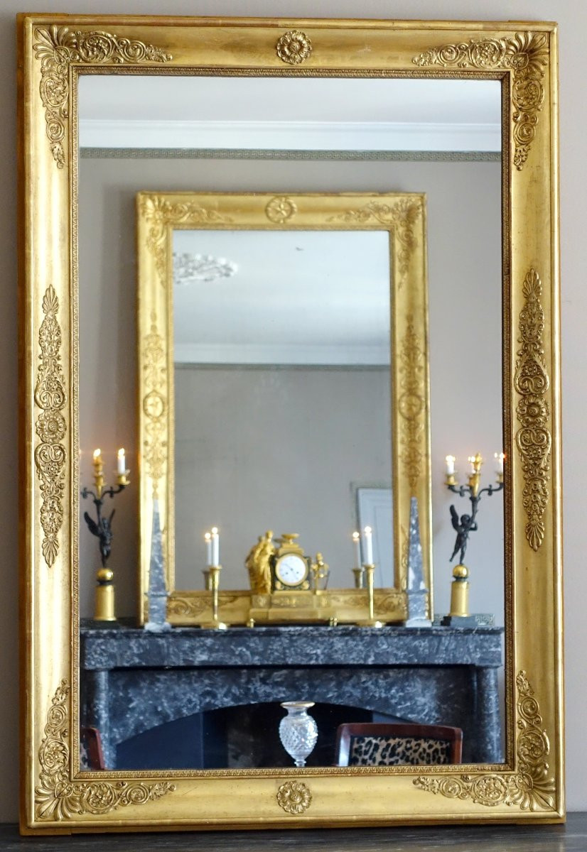   Grand Miroir De Cheminée Empire En Bois Doré à l'Or Fin, Glace Au Mercure - 96cm X 142,5cm-photo-2