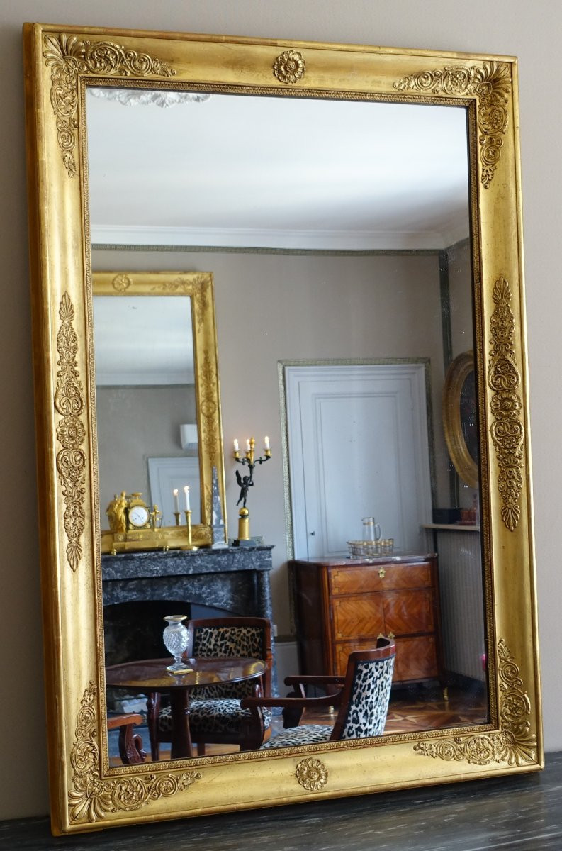   Grand Miroir De Cheminée Empire En Bois Doré à l'Or Fin, Glace Au Mercure - 96cm X 142,5cm-photo-1