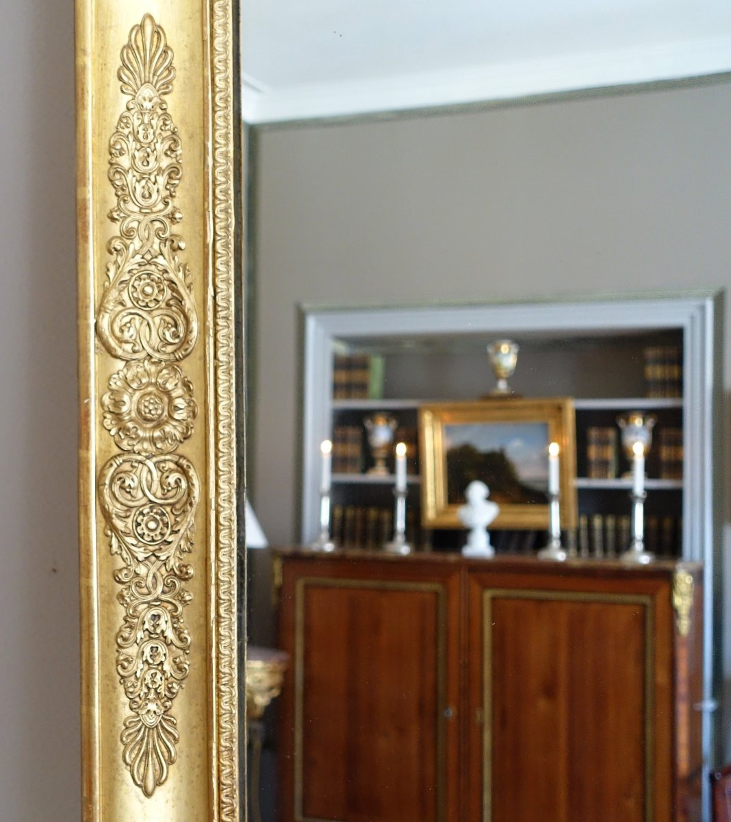   Grand Miroir De Cheminée Empire En Bois Doré à l'Or Fin, Glace Au Mercure - 96cm X 142,5cm-photo-4