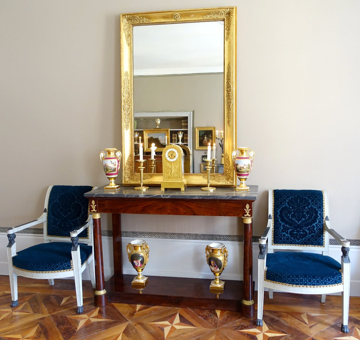   Grand Miroir De Cheminée Empire En Bois Doré à l'Or Fin, Glace Au Mercure - 96cm X 142,5cm-photo-6