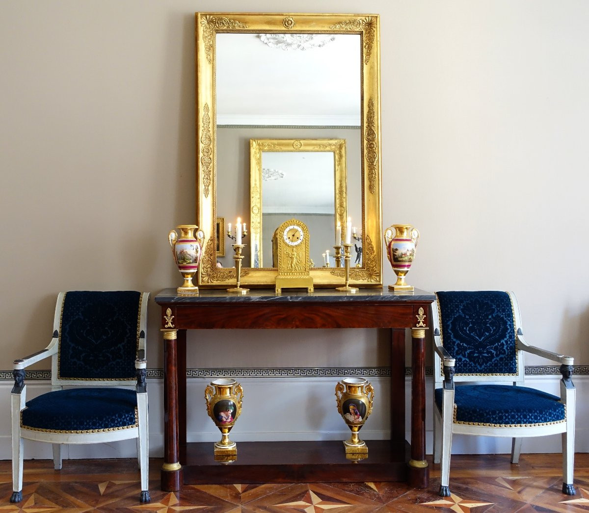   Grand Miroir De Cheminée Empire En Bois Doré à l'Or Fin, Glace Au Mercure - 96cm X 142,5cm-photo-7