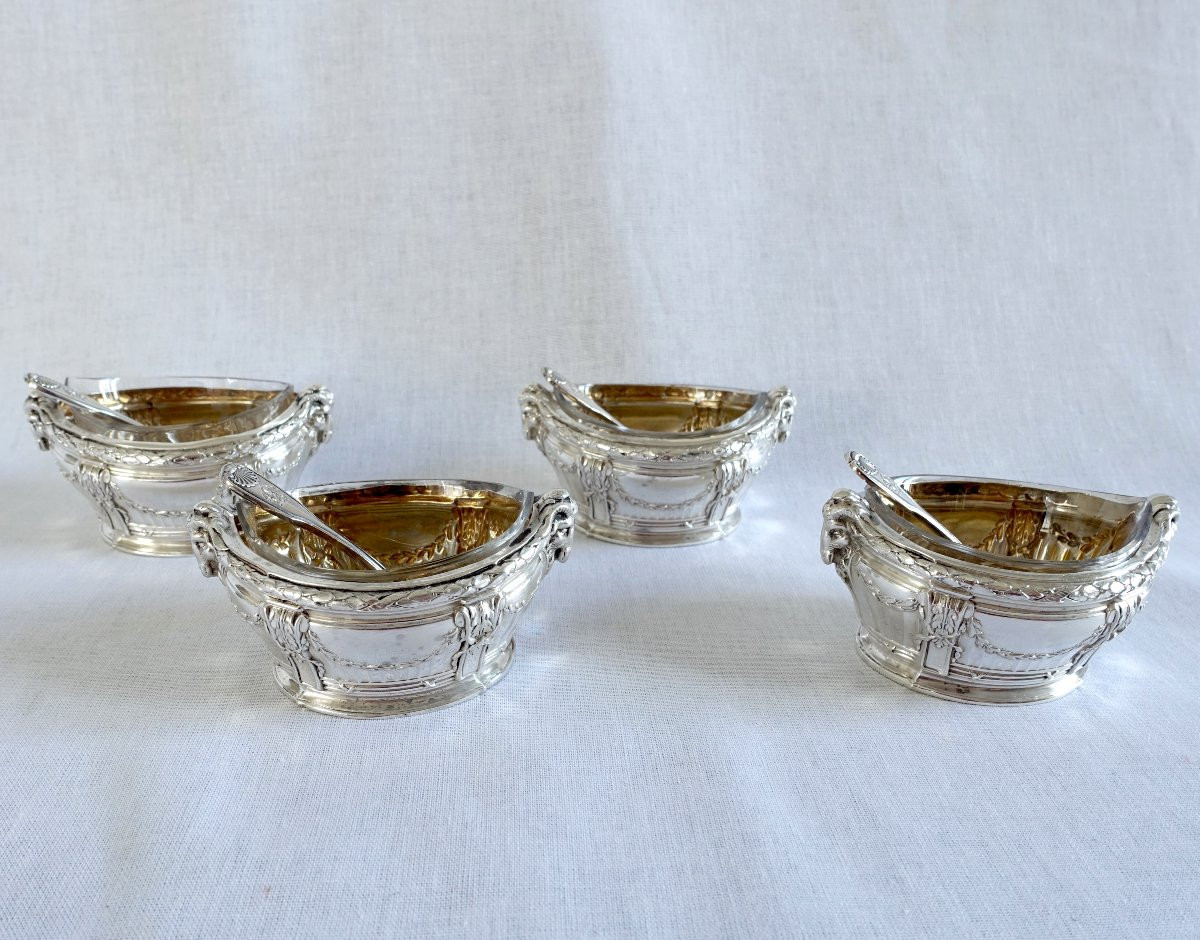Puiforcat Set Of 4 Louis XVI Style Solid Silver Salt Cellars With Rams' Heads-photo-2