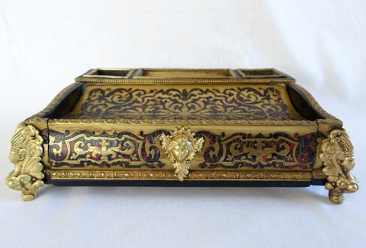 Grand Encrier Napoleon III De Style Louis XIV, Nécessaire De Bureau En Marqueterie Boulle -photo-3
