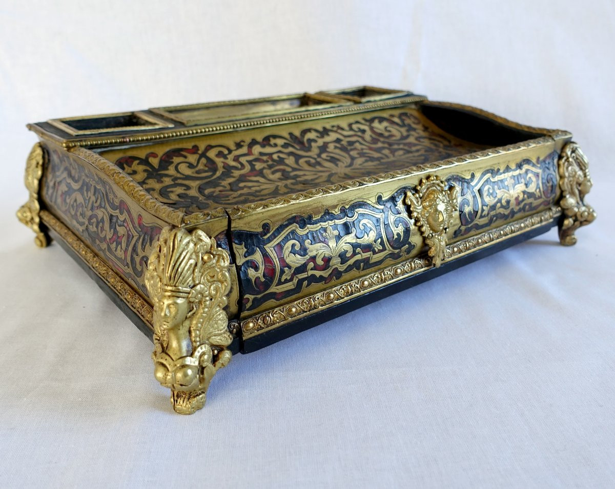 Grand Encrier Napoleon III De Style Louis XIV, Nécessaire De Bureau En Marqueterie Boulle -photo-4