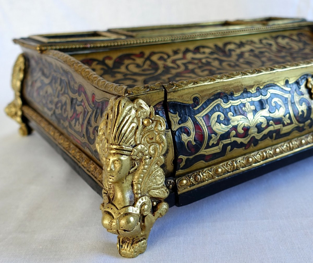 Grand Encrier Napoleon III De Style Louis XIV, Nécessaire De Bureau En Marqueterie Boulle -photo-1