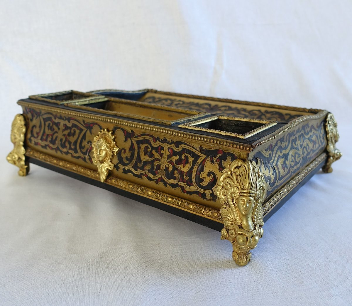 Grand Encrier Napoleon III De Style Louis XIV, Nécessaire De Bureau En Marqueterie Boulle -photo-2