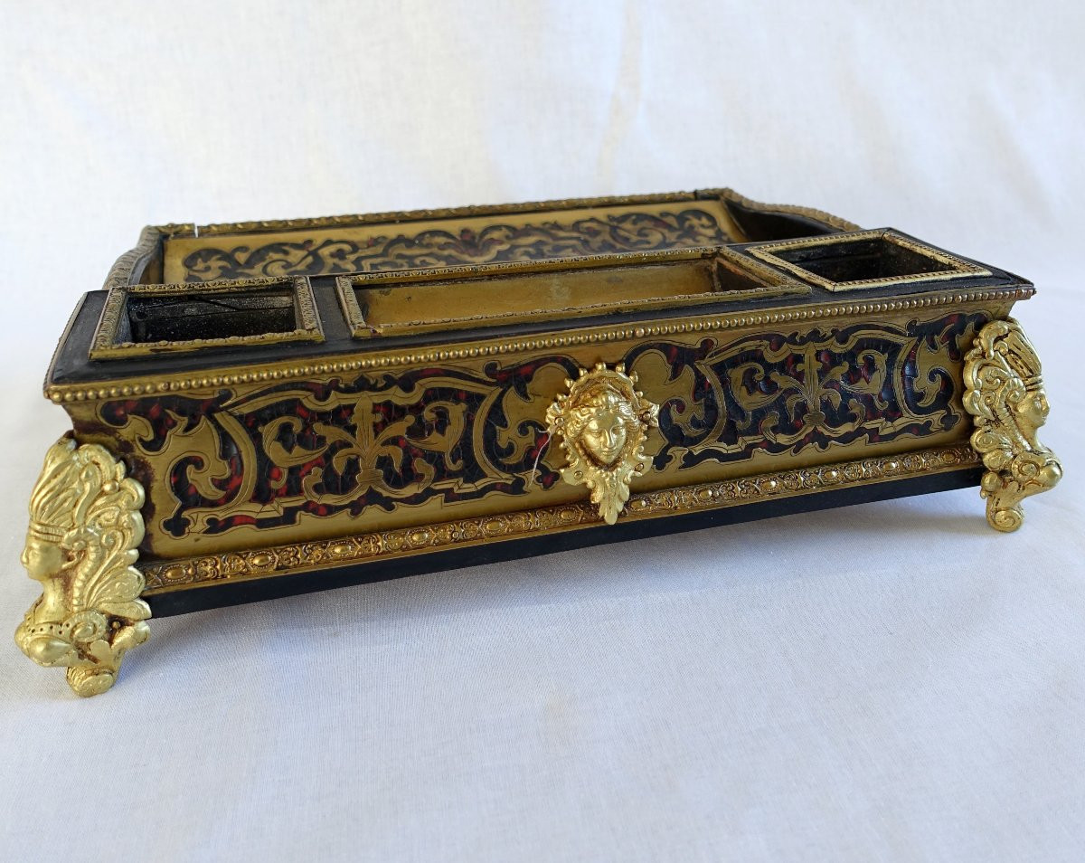 Grand Encrier Napoleon III De Style Louis XIV, Nécessaire De Bureau En Marqueterie Boulle -photo-3