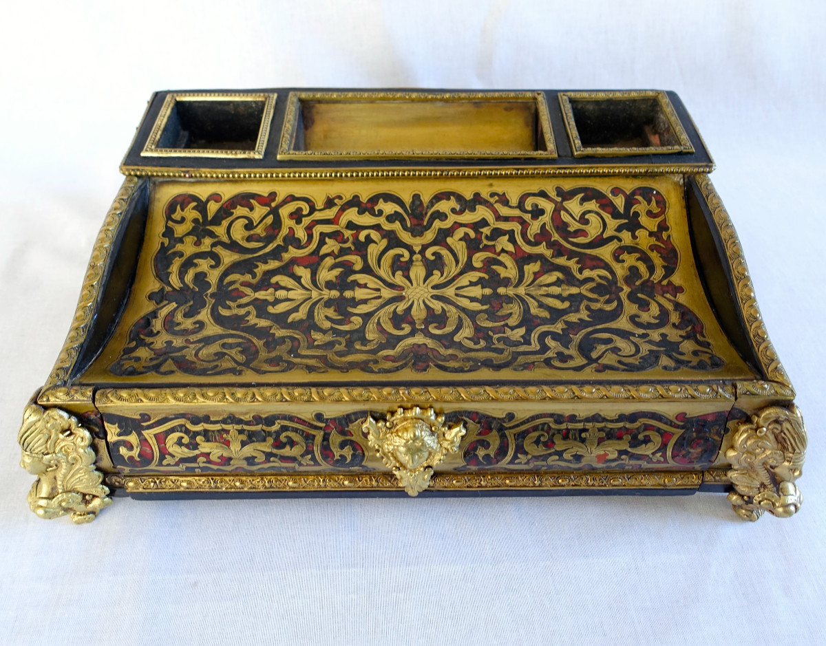 Grand Encrier Napoleon III De Style Louis XIV, Nécessaire De Bureau En Marqueterie Boulle 