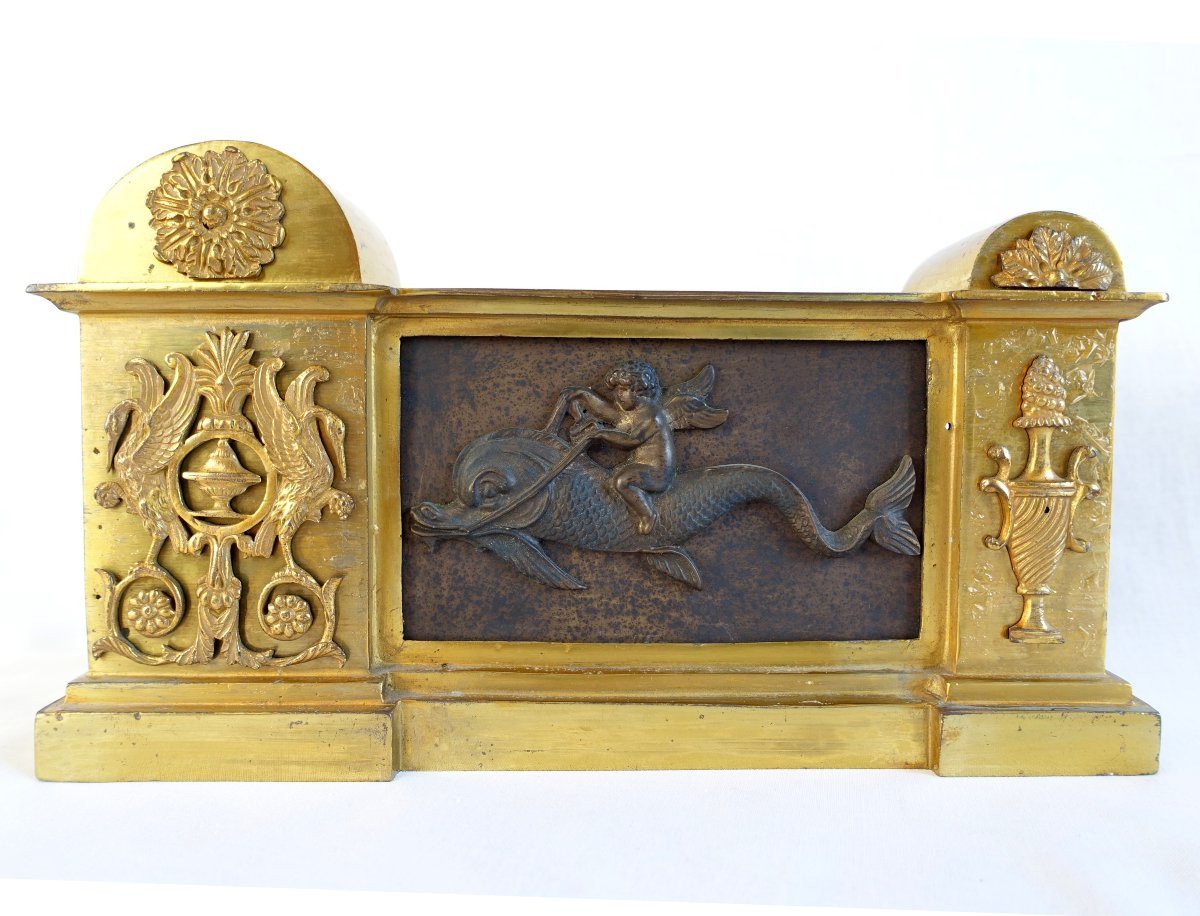 Paire De Chenets, Feux En Bronze Doré d'époque Empire Restauration-photo-2