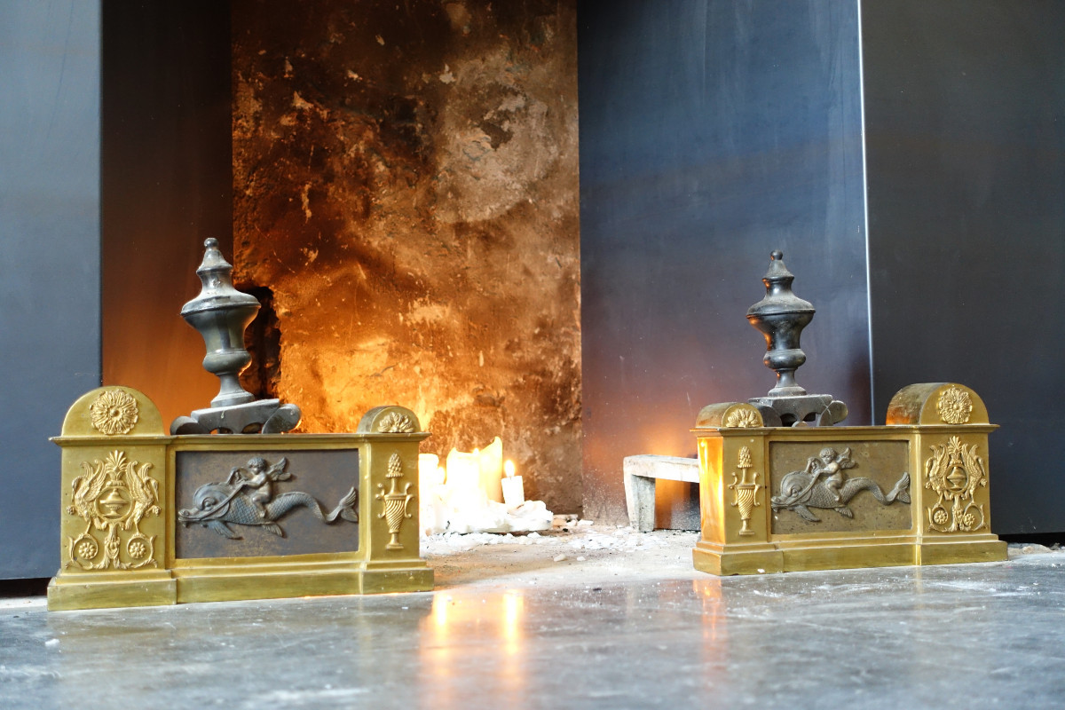 Paire De Chenets, Feux En Bronze Doré d'époque Empire Restauration