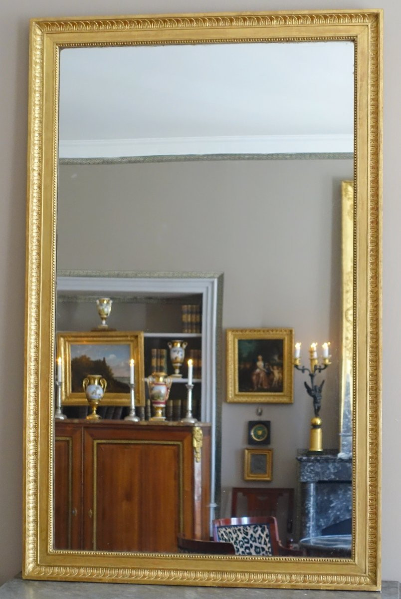 Grand miroir de cheminée Louis XVI Directoire doré à l'or fin, glace au mercure - 102,5 x 161cm-photo-2