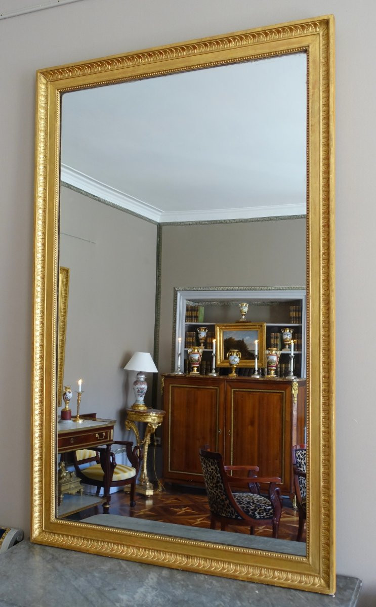 Grand miroir de cheminée Louis XVI Directoire doré à l'or fin, glace au mercure - 102,5 x 161cm-photo-4