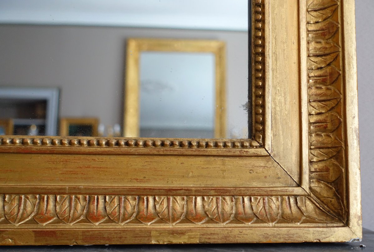 Grand miroir de cheminée Louis XVI Directoire doré à l'or fin, glace au mercure - 102,5 x 161cm-photo-4