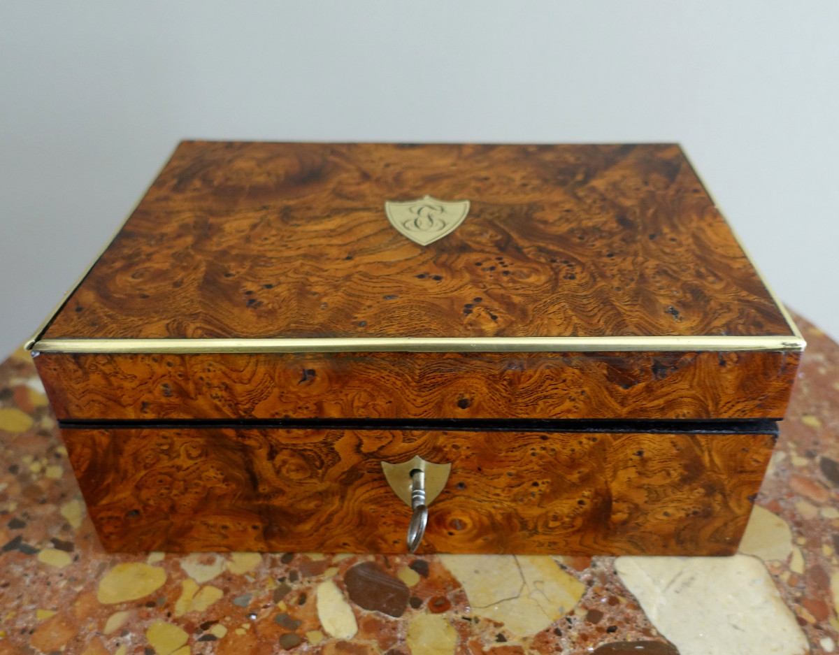 Empire Period Box In Burl And Brass, Monogram Je Or Ej