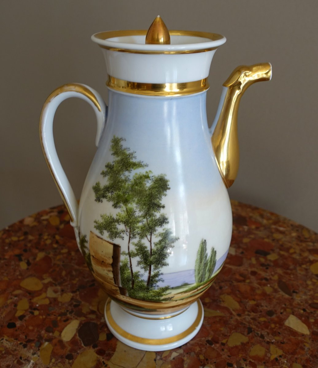 Verseuse cafetière à paysage tournant en porcelaine de Paris d'époque Empire-photo-4
