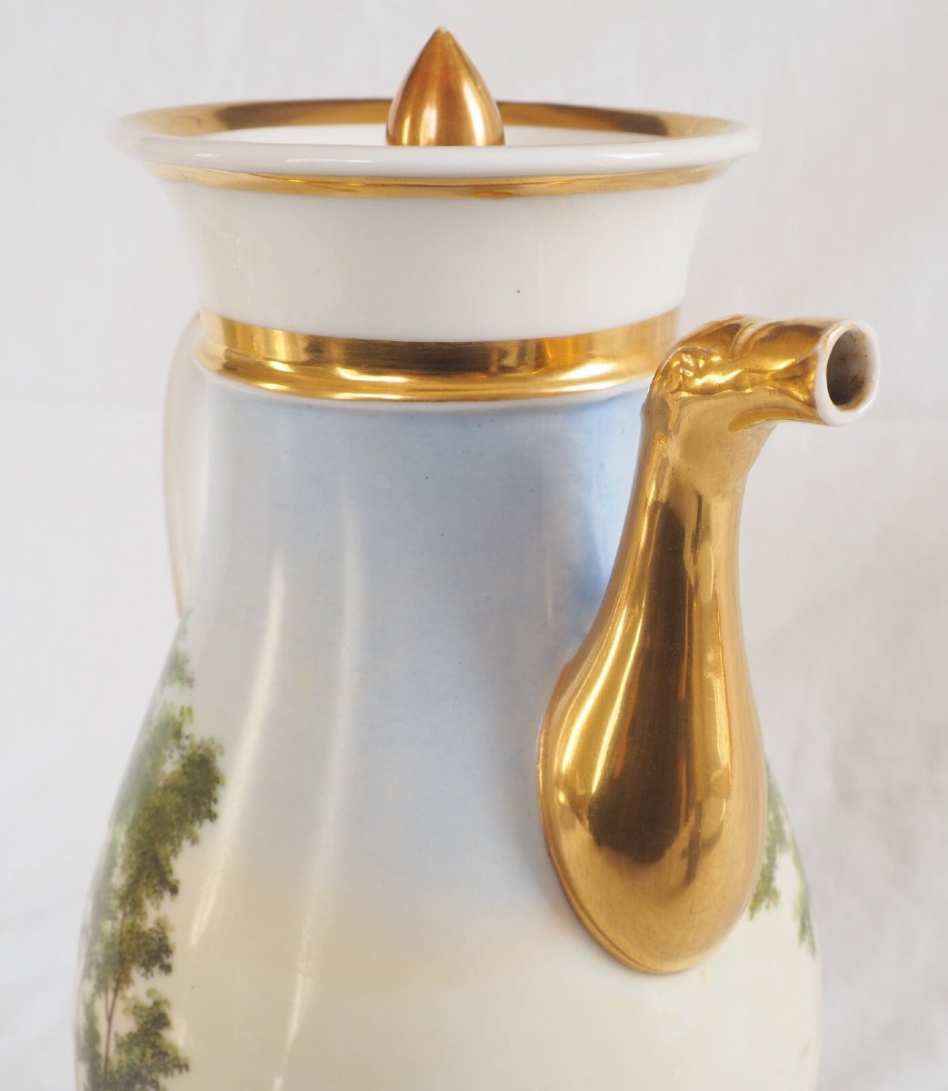 Verseuse cafetière à paysage tournant en porcelaine de Paris d'époque Empire-photo-4