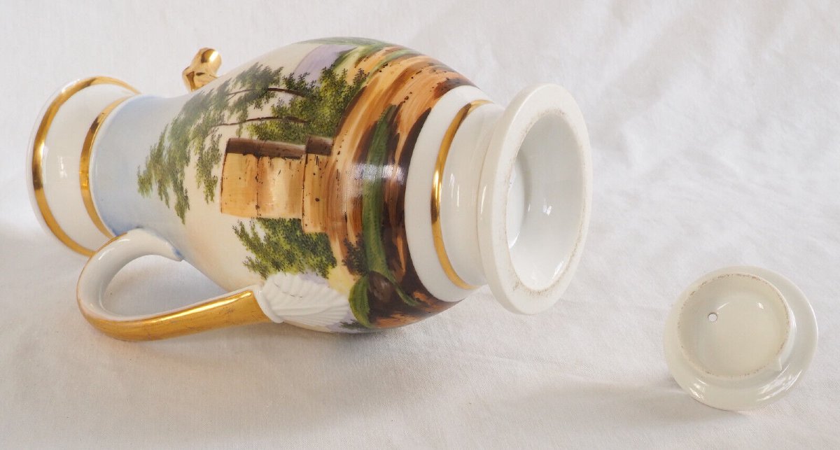 Verseuse cafetière à paysage tournant en porcelaine de Paris d'époque Empire-photo-7