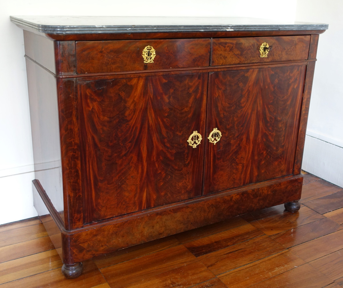 Dining Room Sideboard In Mahogany, Gilt Bronze, Turquoise Blue Marble - Restoration Period