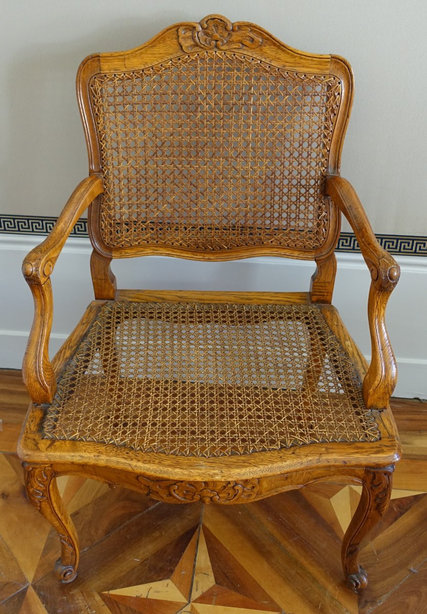 Mobilier de salon 4 fauteuils cannés d'époque Régence Louis XV-photo-6