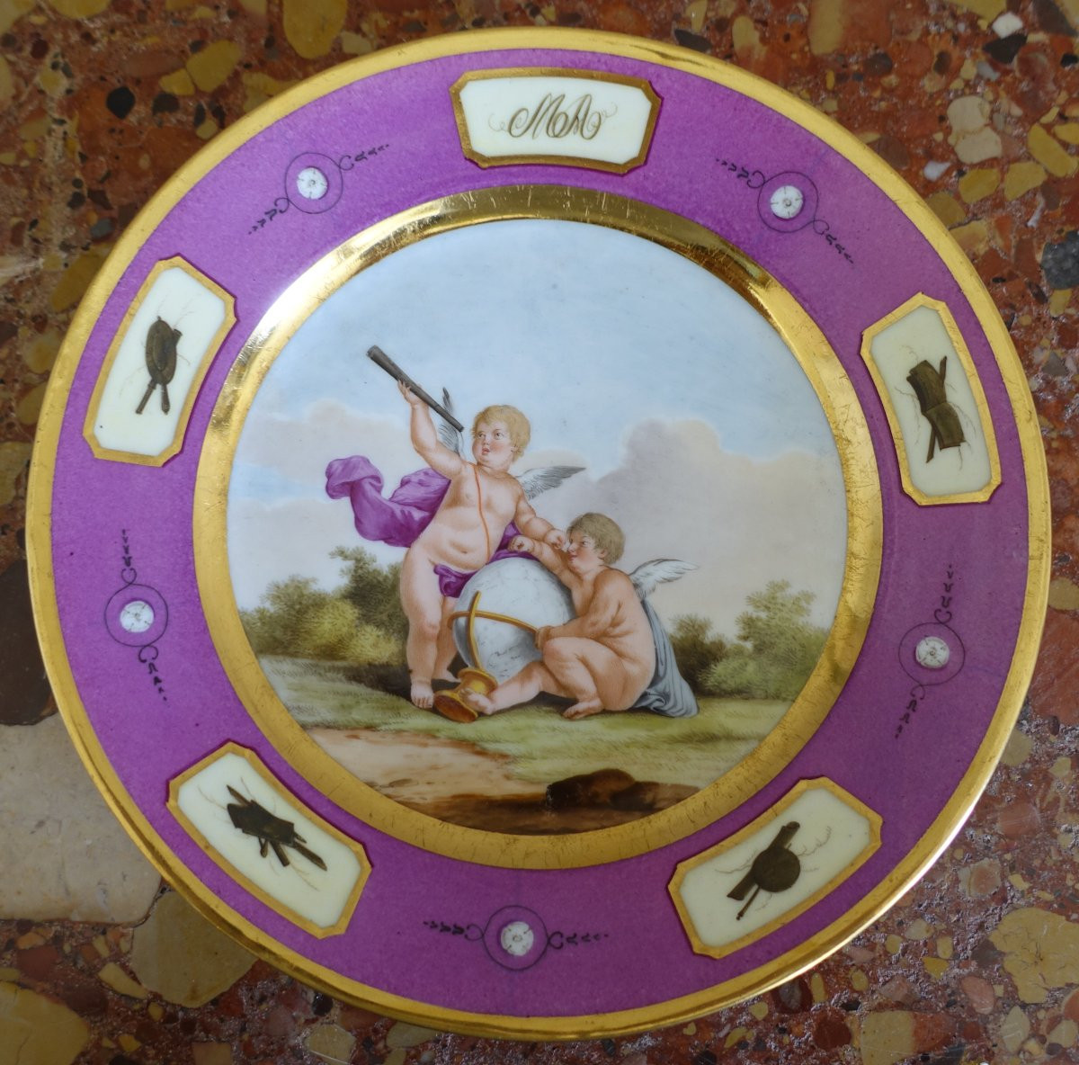 Manufacture Halley - suite de 6 assiettes de table en porcelaine dorée d'époque Empire signées-photo-2